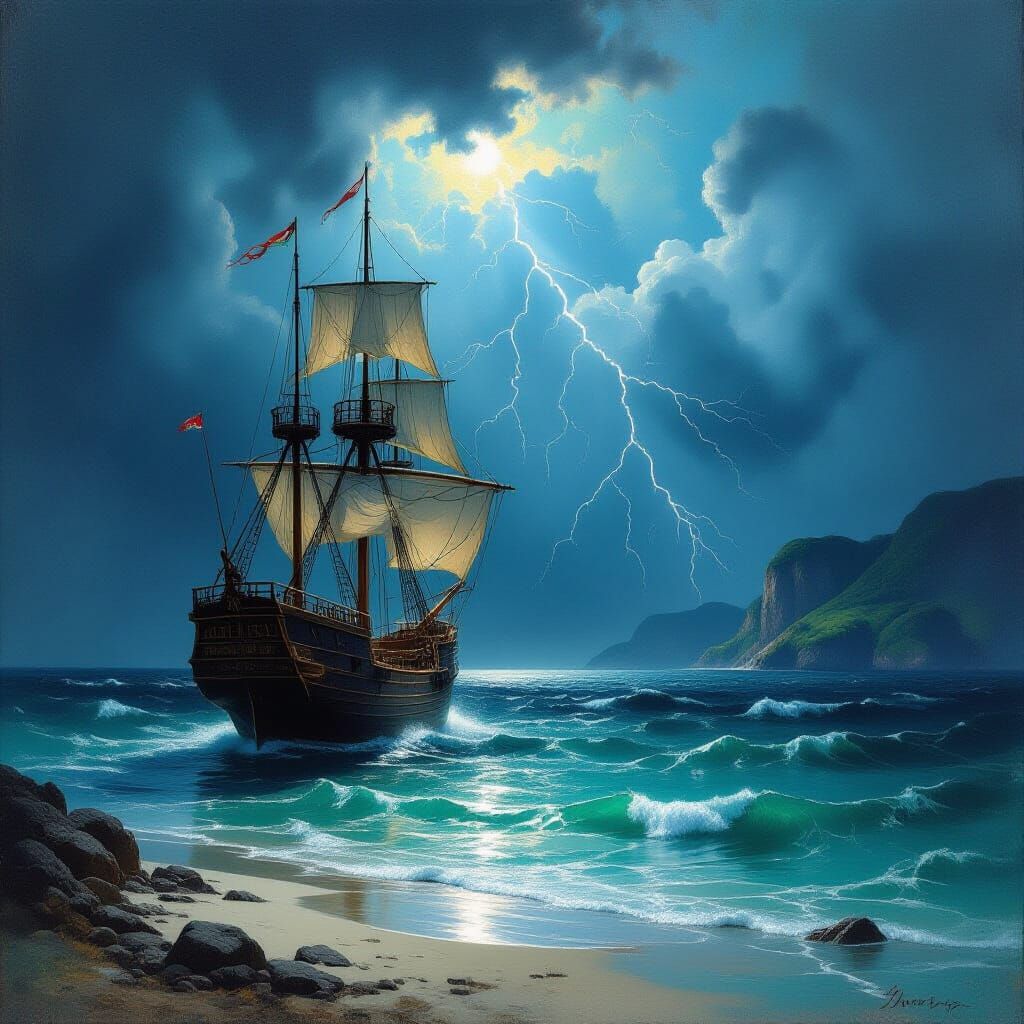 Galleon in Storm and Cove: A Dramatic Oil Painting