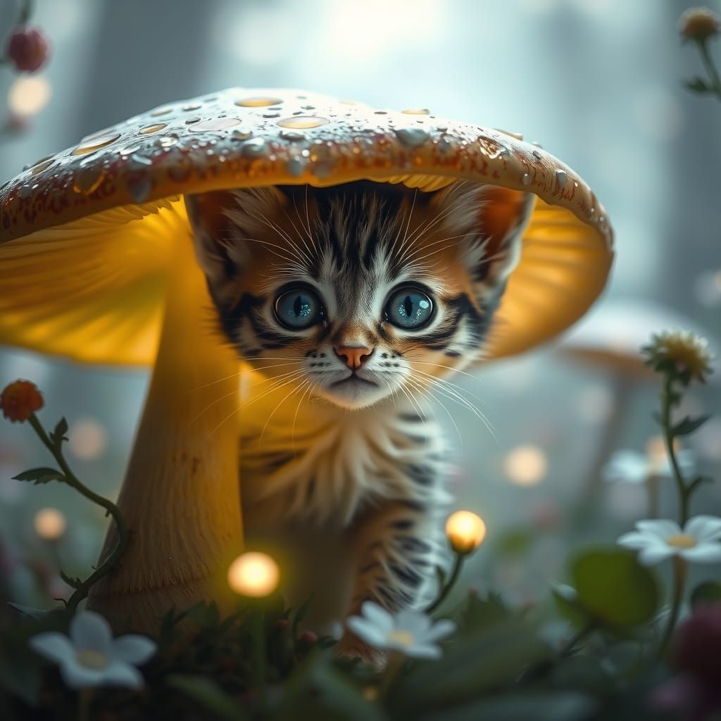 Kitten with Galaxy Eyes Behind Glowing Mushroom in Floating ...