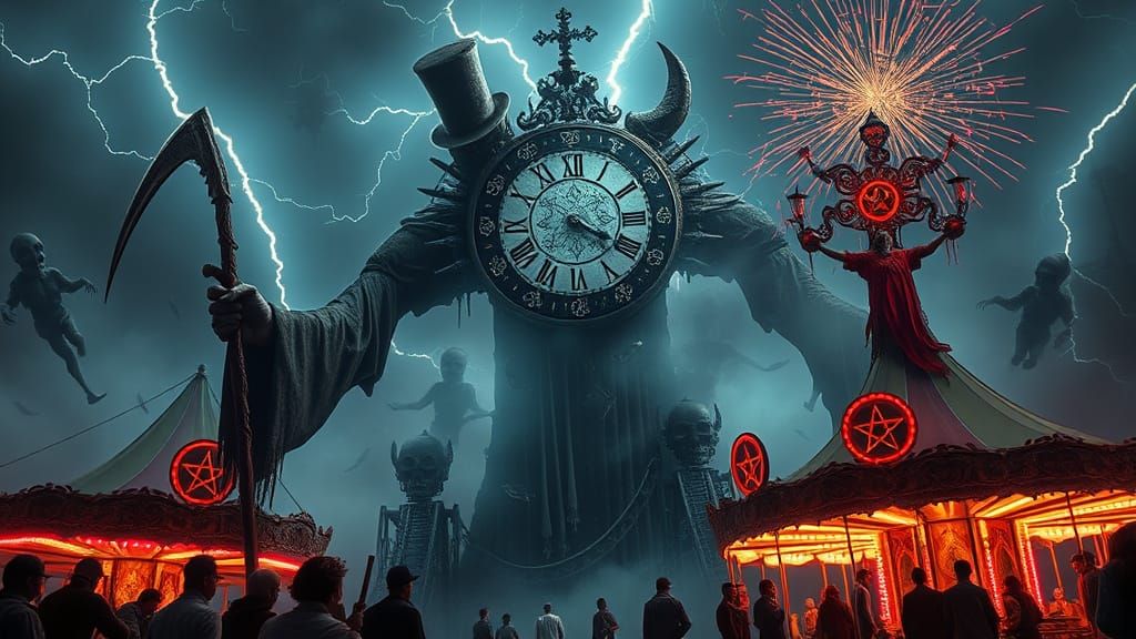 Demonic Clock Towers Over Haunted Carnival at Midnight