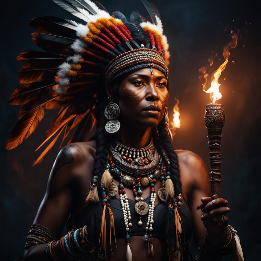 Indigenous Shaman Practicing Voodoo in Detailed Matte Painti...