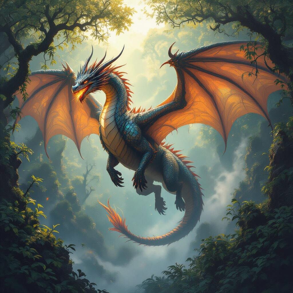 Majestic Dragon Soars Through Enchanted Forest