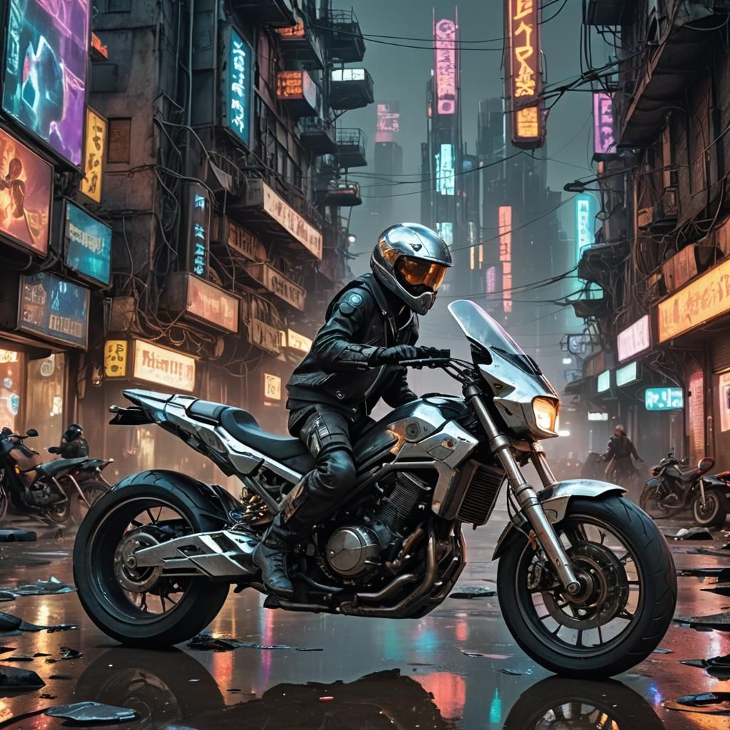 Cyberpunk Motorcycle in Dystopian Anime Cityscape