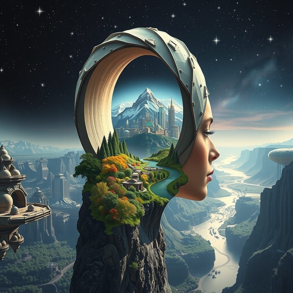 Majestic Mobius Strip Landscape Emerging From Woman's Head