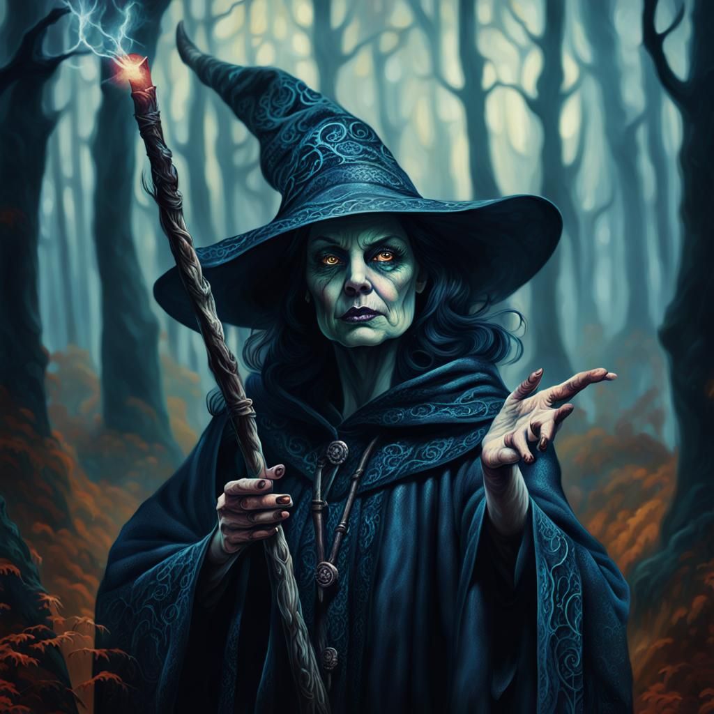 Evil Witch Casting Spell in Mystical Forest