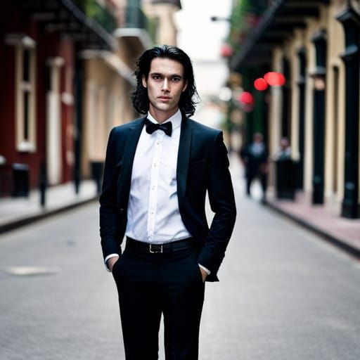handsome vampire guy with a pale face and long black hair standing on a corner in New Orleans French Quarter.