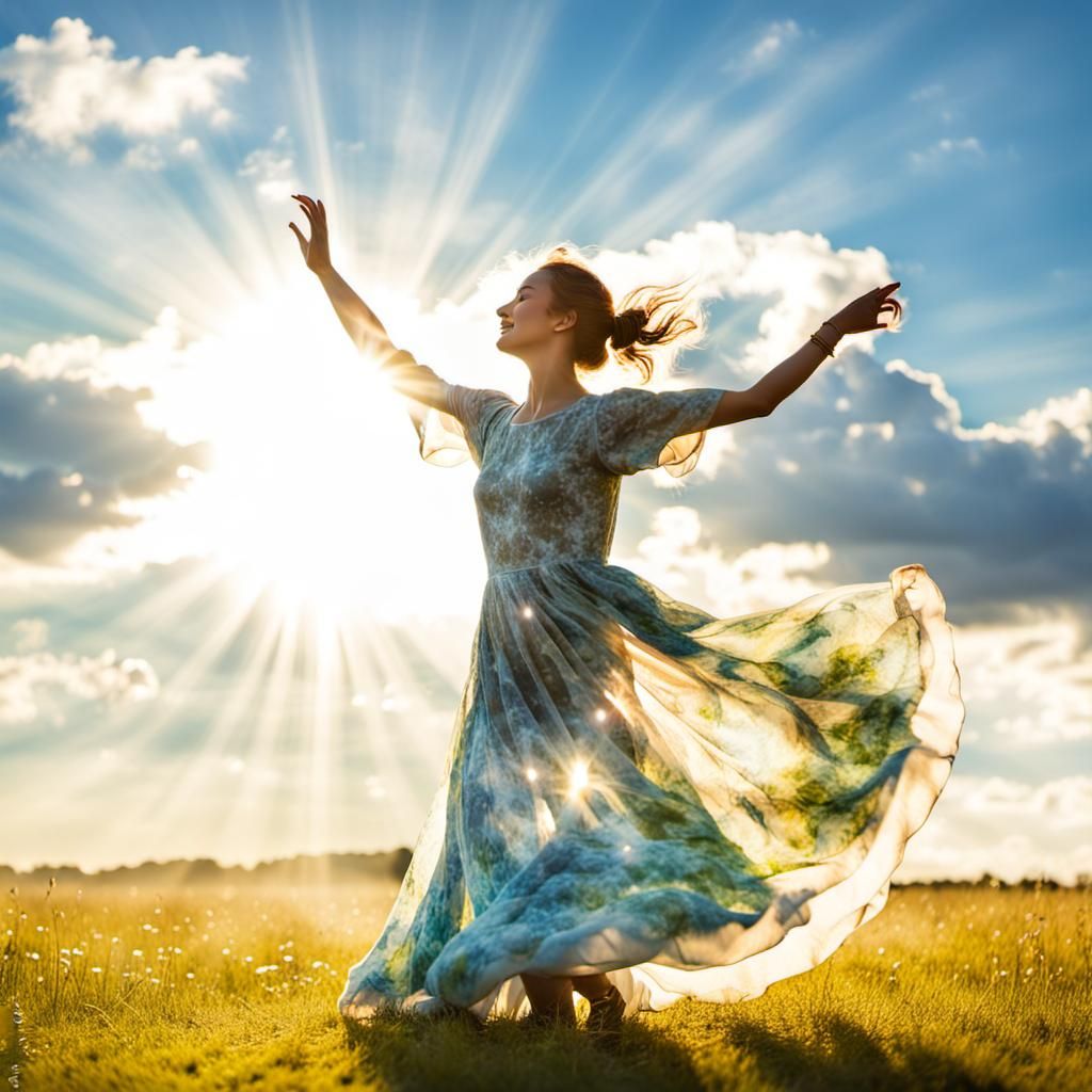 Woman Dancing in Nature with Heavenly Sunshine