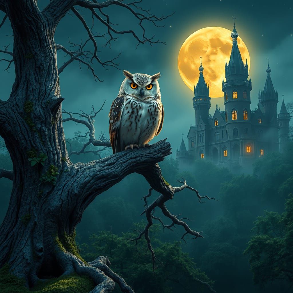 Owl Perched on Tree Branch Under Full Moon