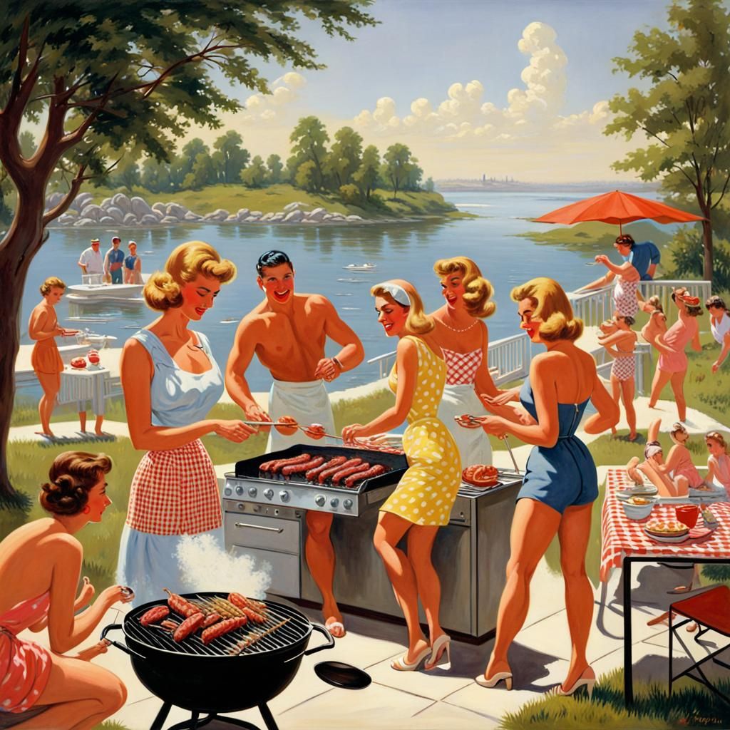 Barbeque Party Illustration in Sarnoff Style