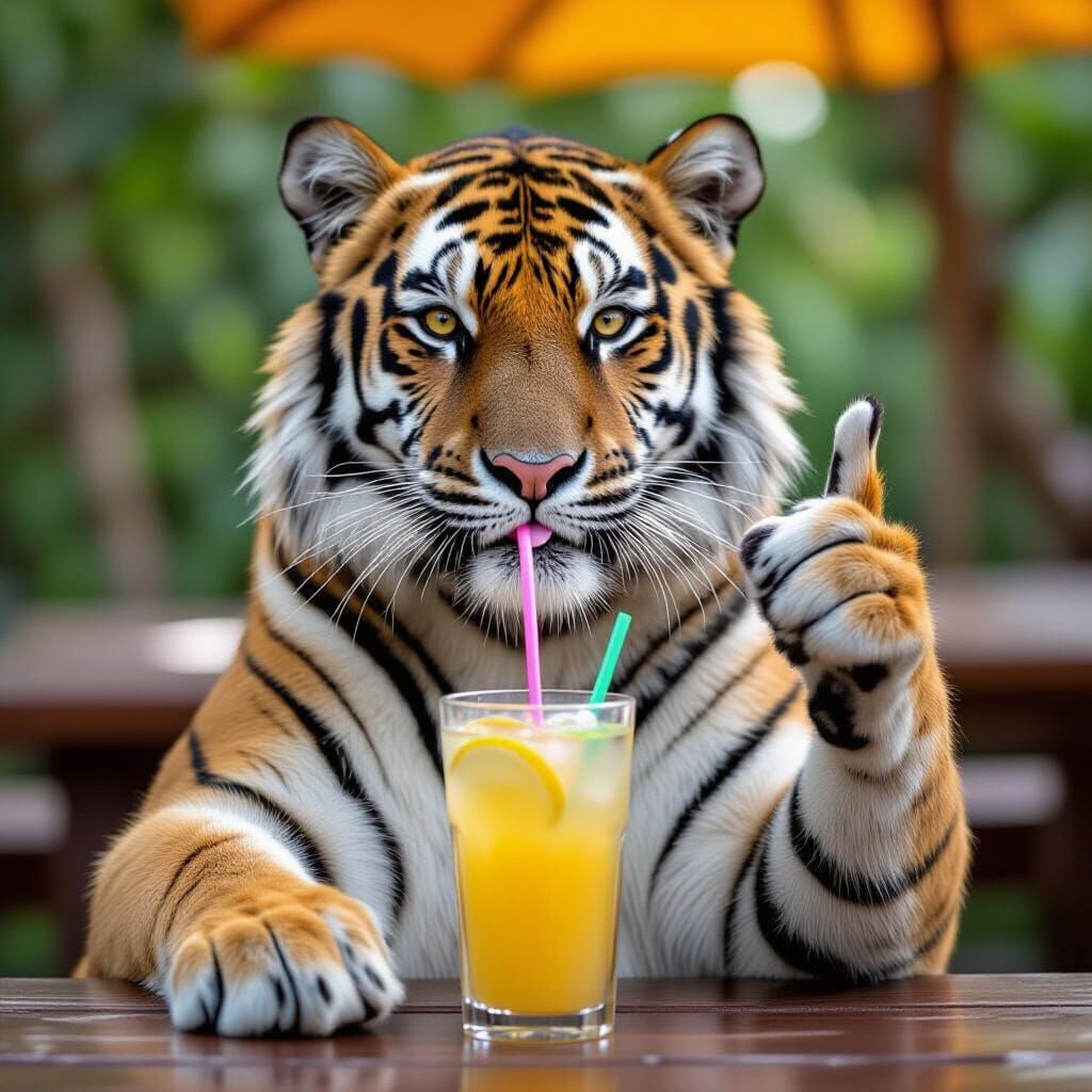 Tiger Poses for Photo While Drinking Lemonade