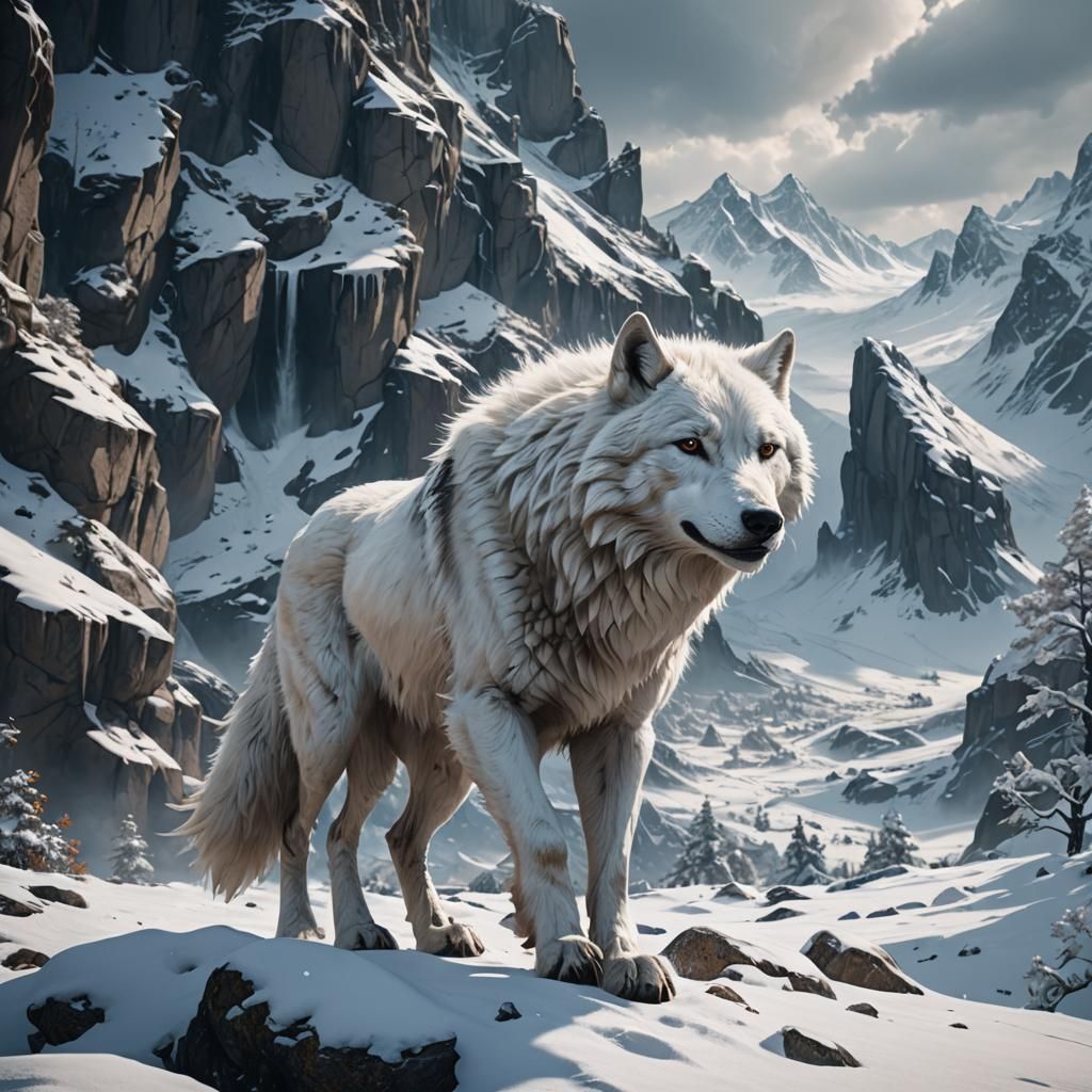 White Wolf in Snowy Mountains: Fantasy Concept Art