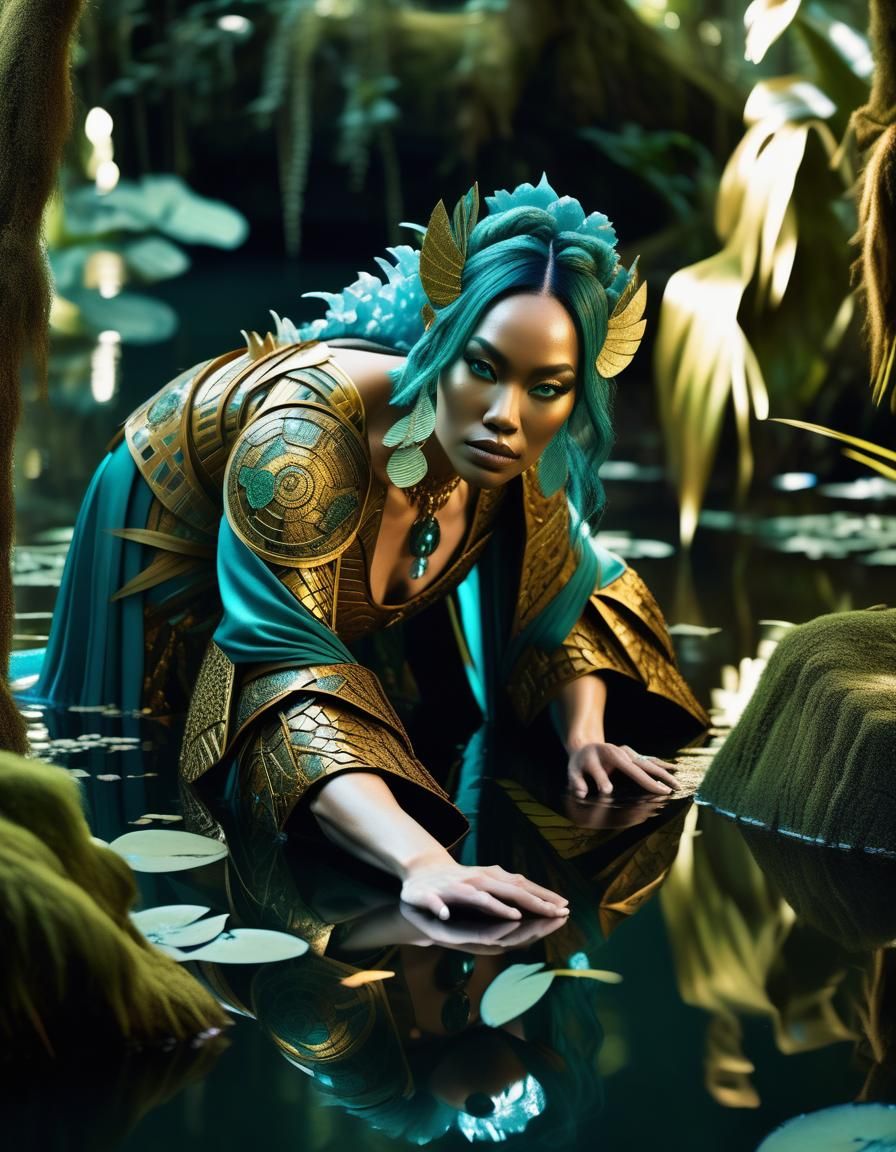 Mythical Costume Portrait in Rainforest Pond