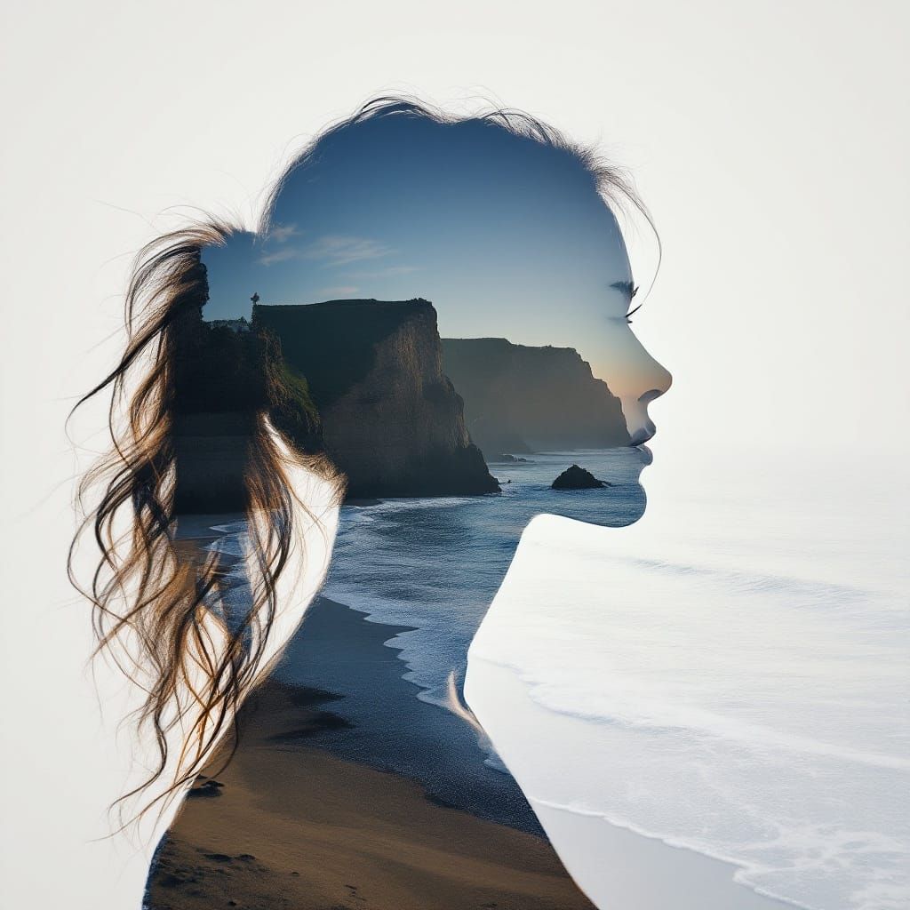Stunning Double Exposure of a Woman on a Clifftop Beach