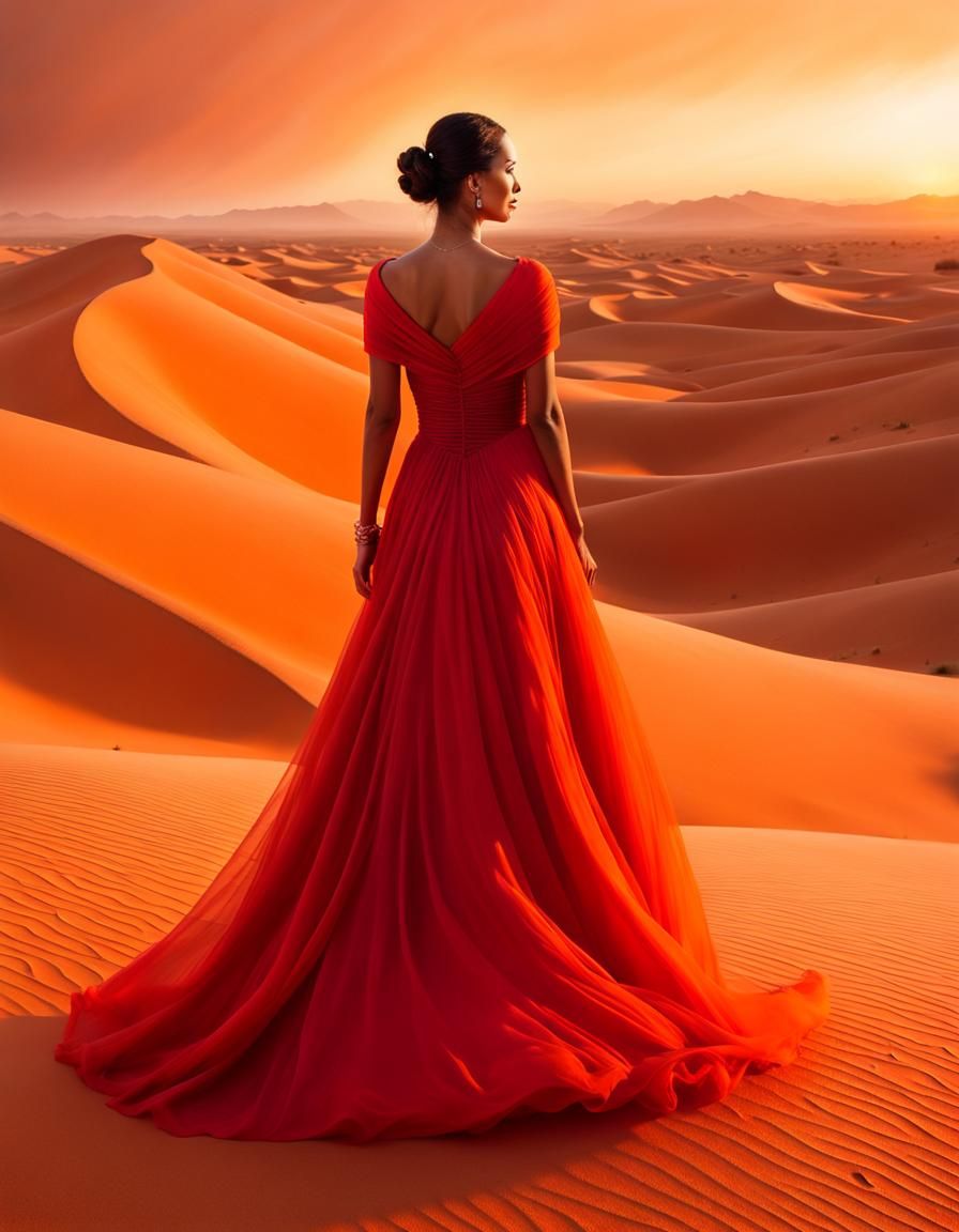 Swirling Red Dress in Orange Desert Sandstorm