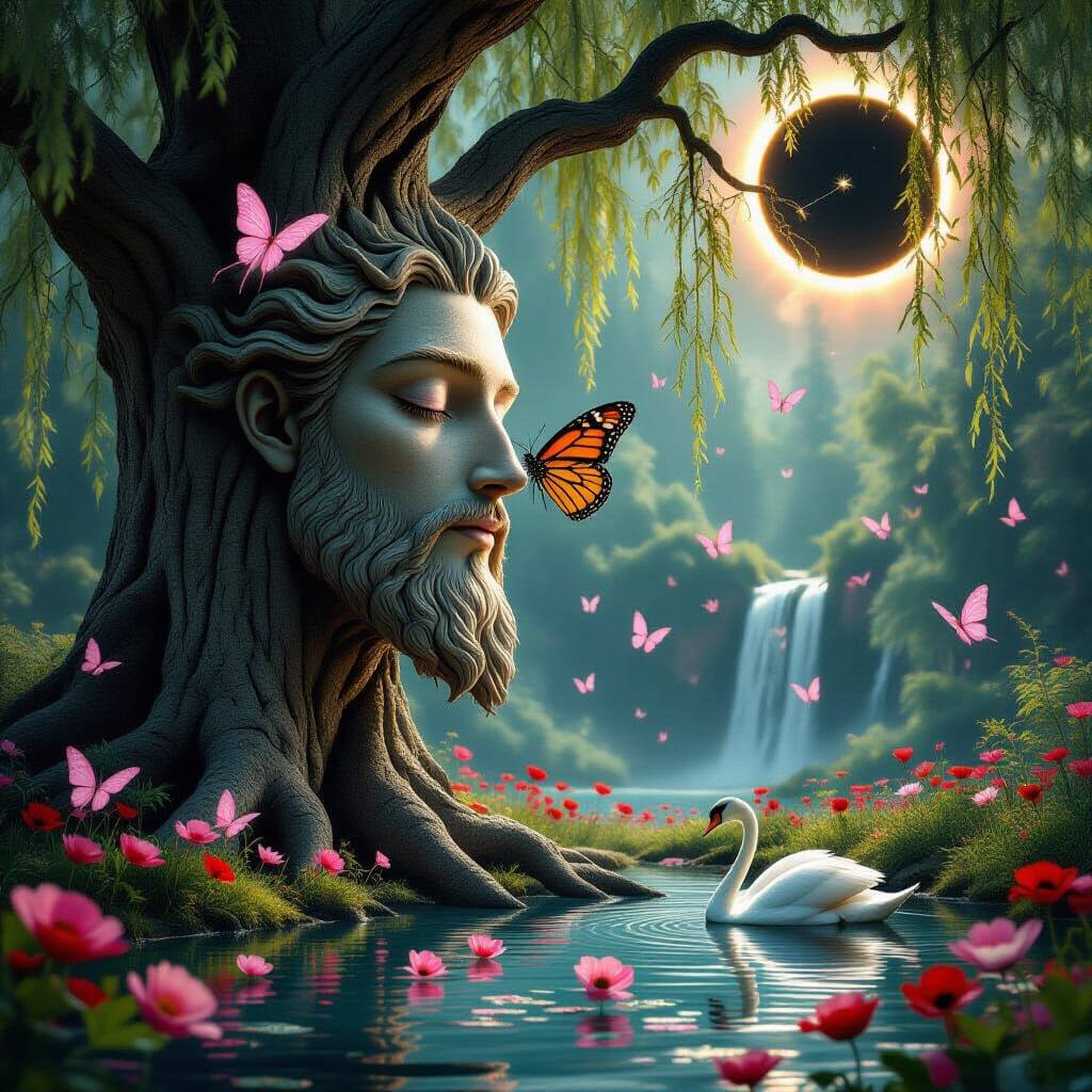 Enchanted Forest Scene With Willow Tree Figure and Solar Ecl...