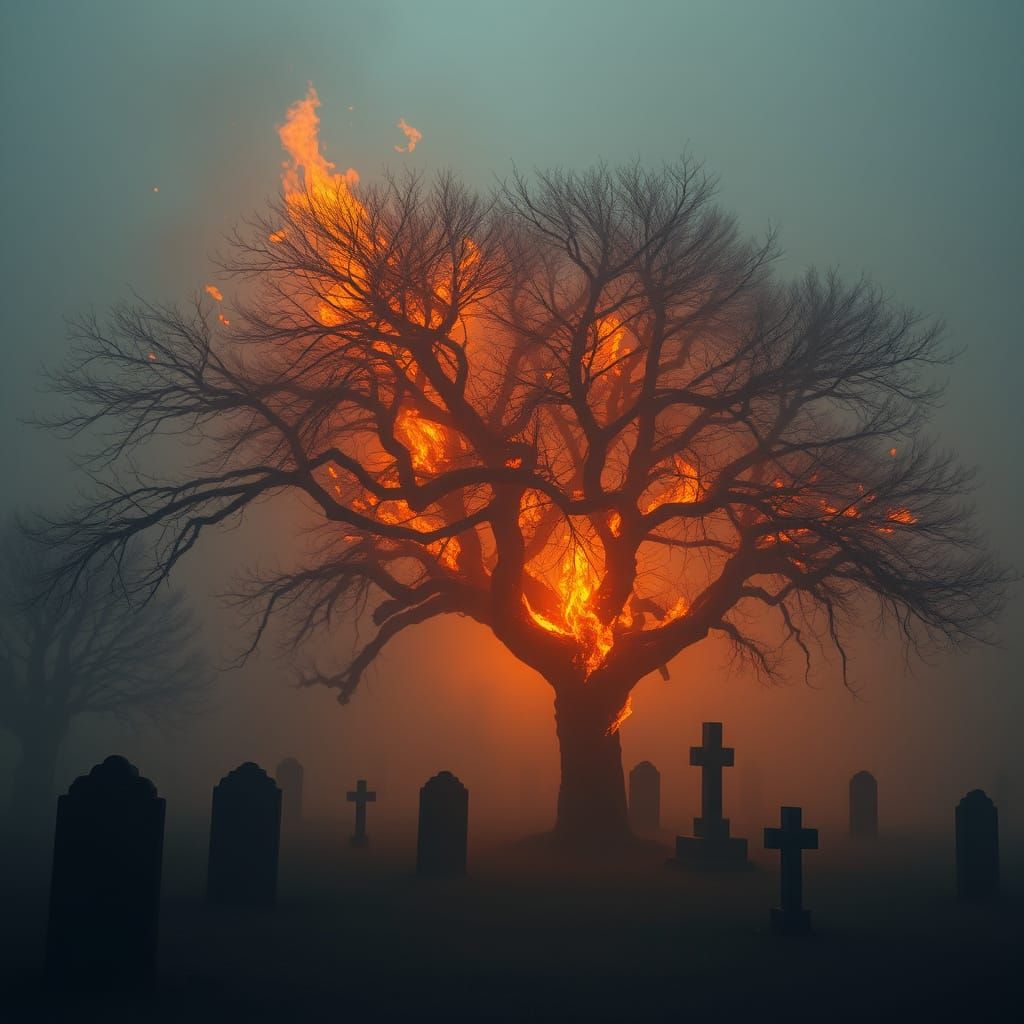 Burning Tree in Graveyard Sunset: Digital Art