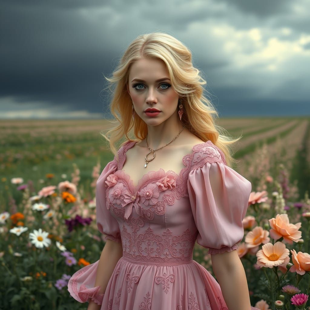 Woman in Field of Flowers, Realistic Portrait