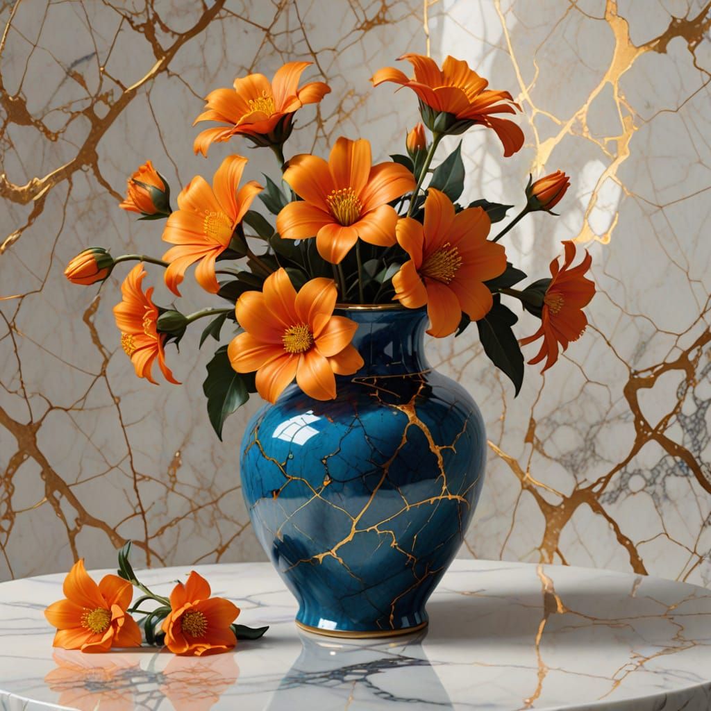 Blue Vase with Gold Cracks and Orange Flowers