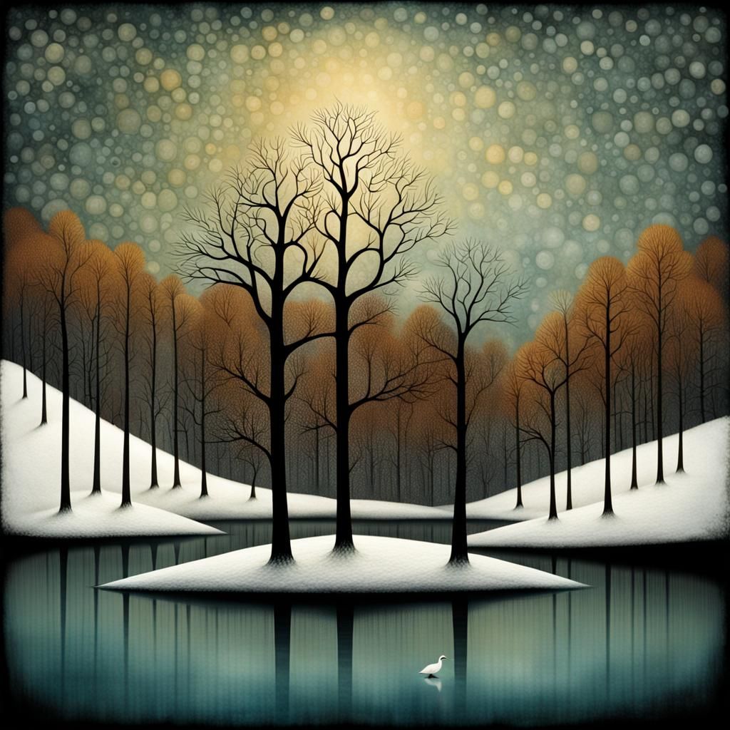 Winter Riverscape in Surrealist Style