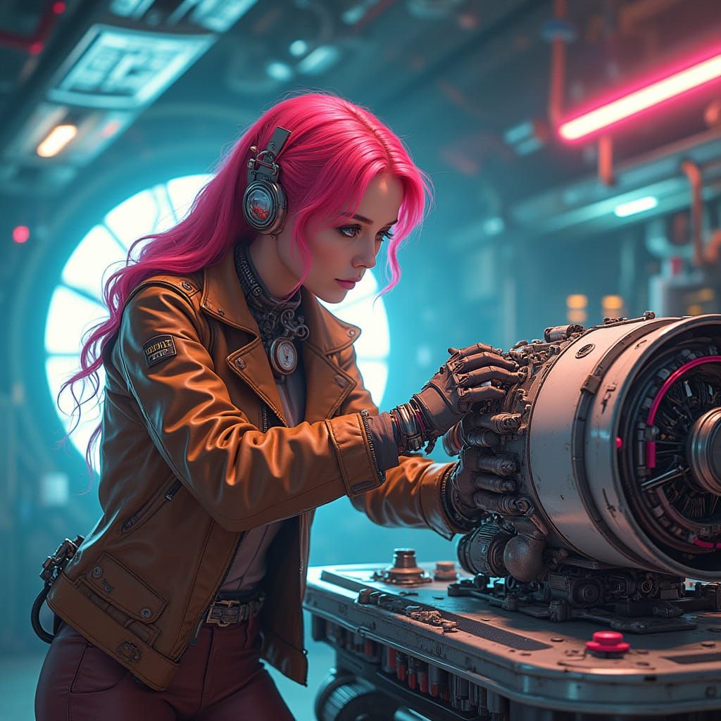Robot Mechanic Repairs Spaceship Engine in Retro-Futuristic ...
