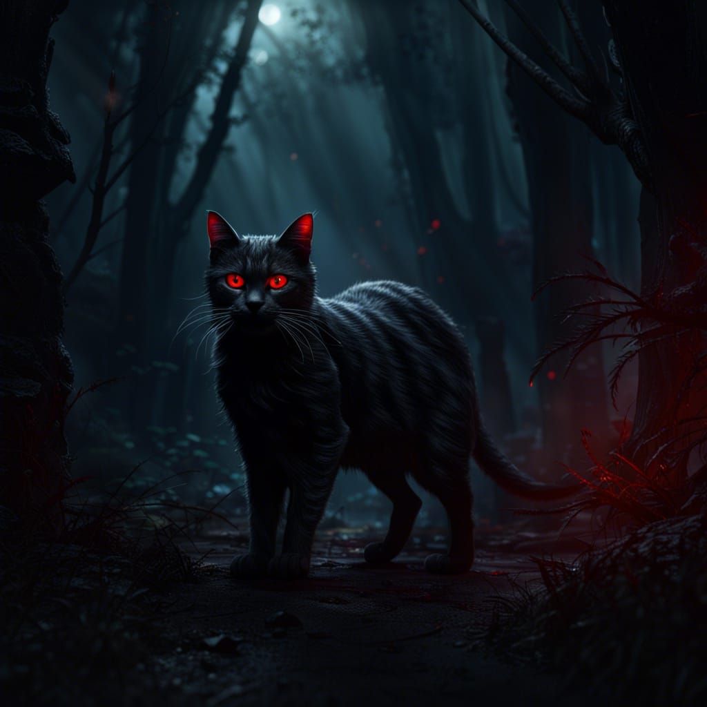 Menacing Red-Eyed Cat in Dark Fantasy Forest