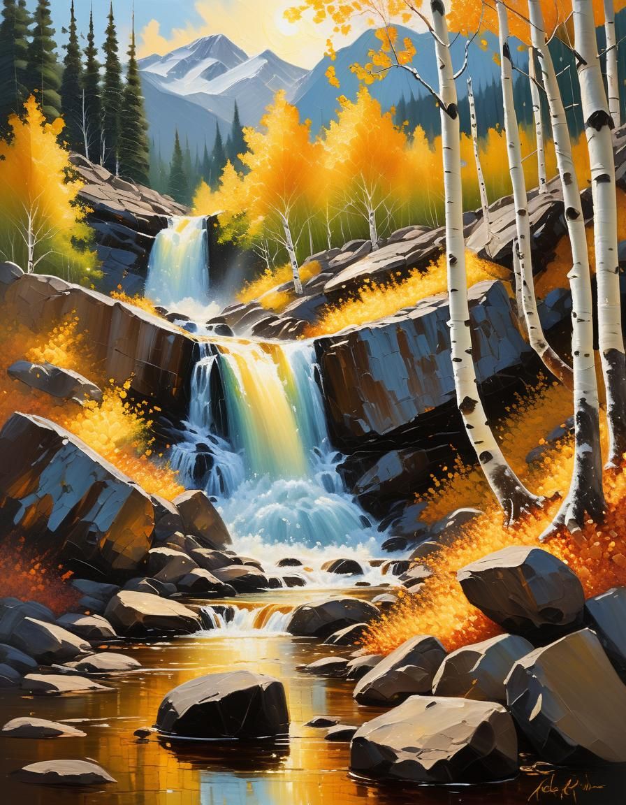 Waterfall in Autumn Aspen Grove: Impasto Oil Painting