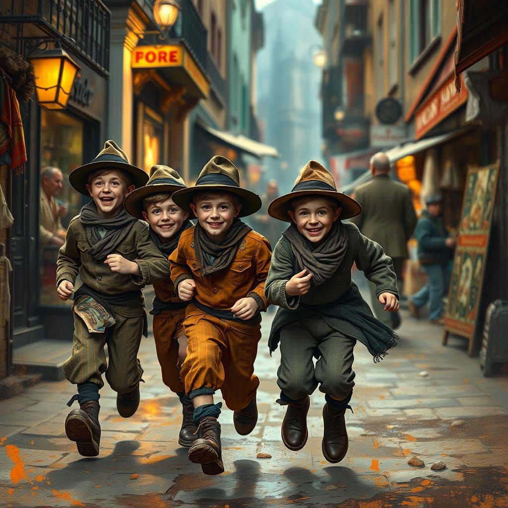 Victorian Boys in Market, Impressionistic Style