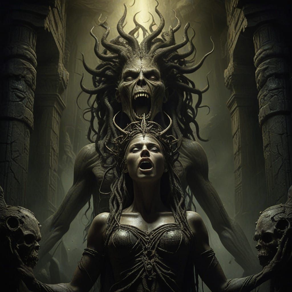 Gothic Medusa Petrifies a Warrior in Her Dark Cave Lair
