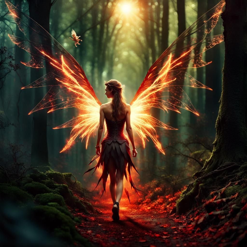 Winged Woman in Forest: Fantasy Art