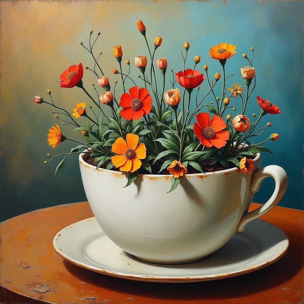 Surreal Garden Inside Coffee Cup, Salvador Dali Style