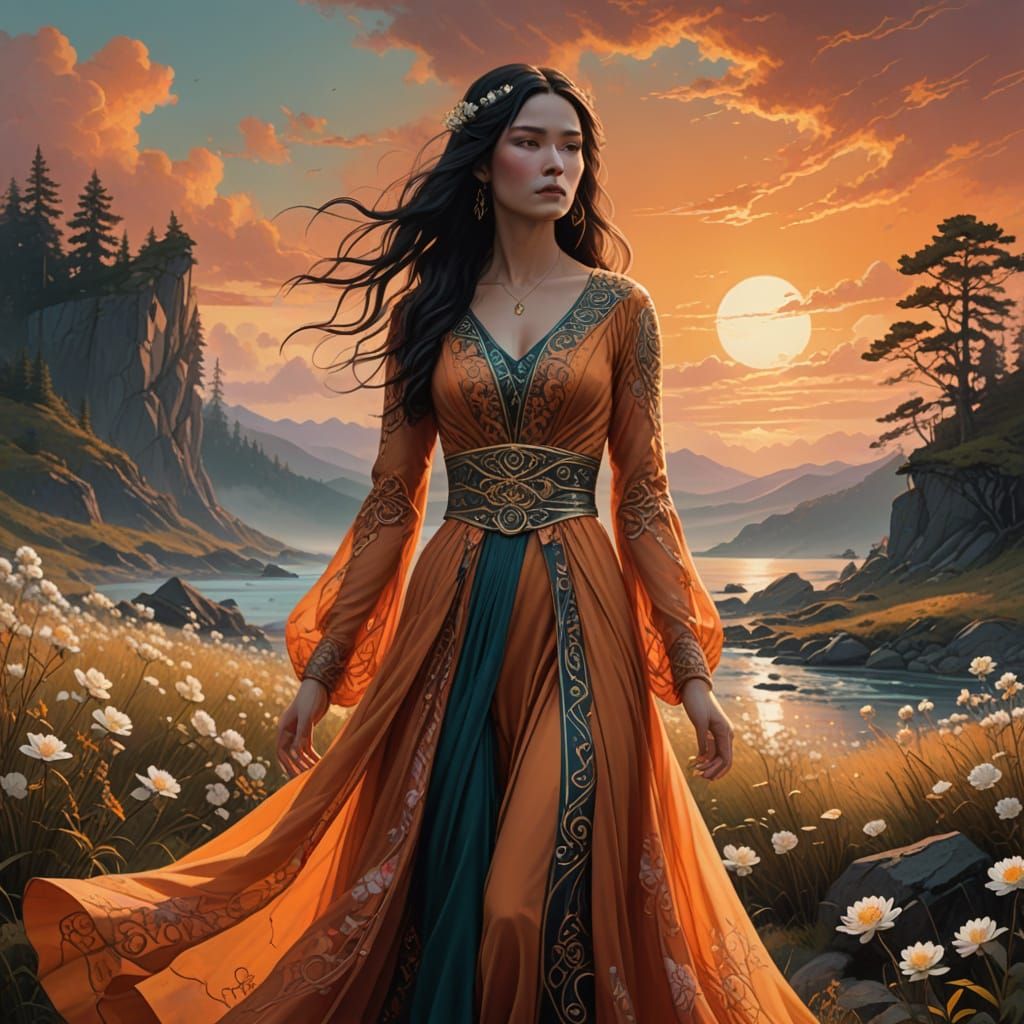 Mystical Woman in Sunset Splendor