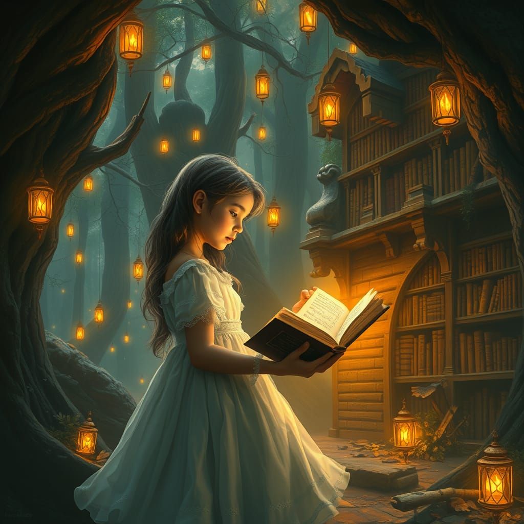 Girl Finds Glowing Book in Enchanted Library