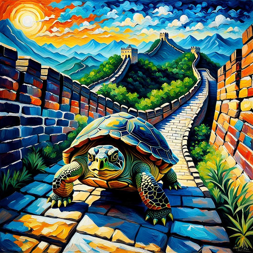 Turtle at Great Wall in Expressionist Oil Painting