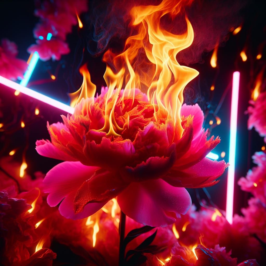 Neon-Lit Peony Ablaze: Light Theory Art