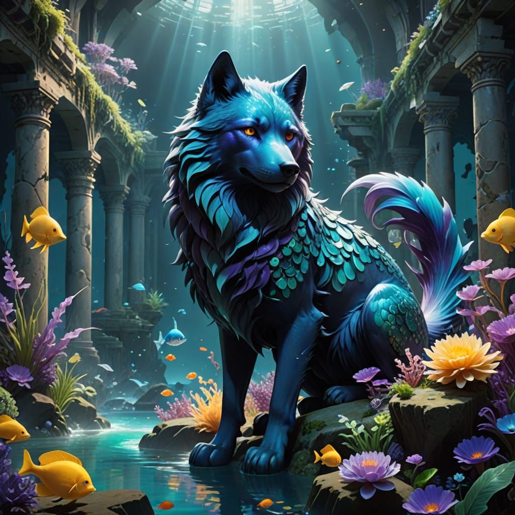 Majestic Merwolf Posing Amidst Oceanic Ruins in Cyberpunk An...