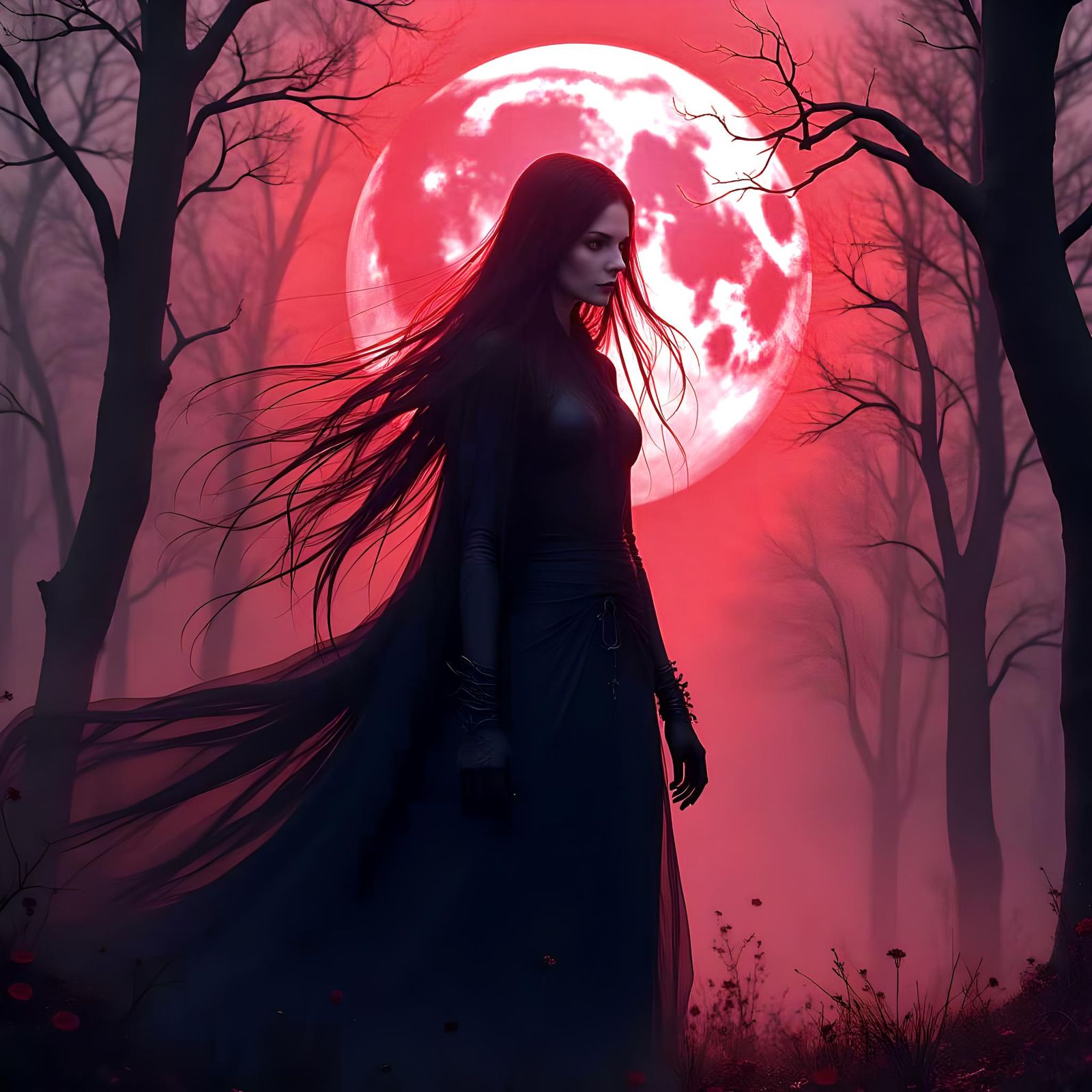 Dark Fantasy Sorceress with Blood Moon, Detailed Art