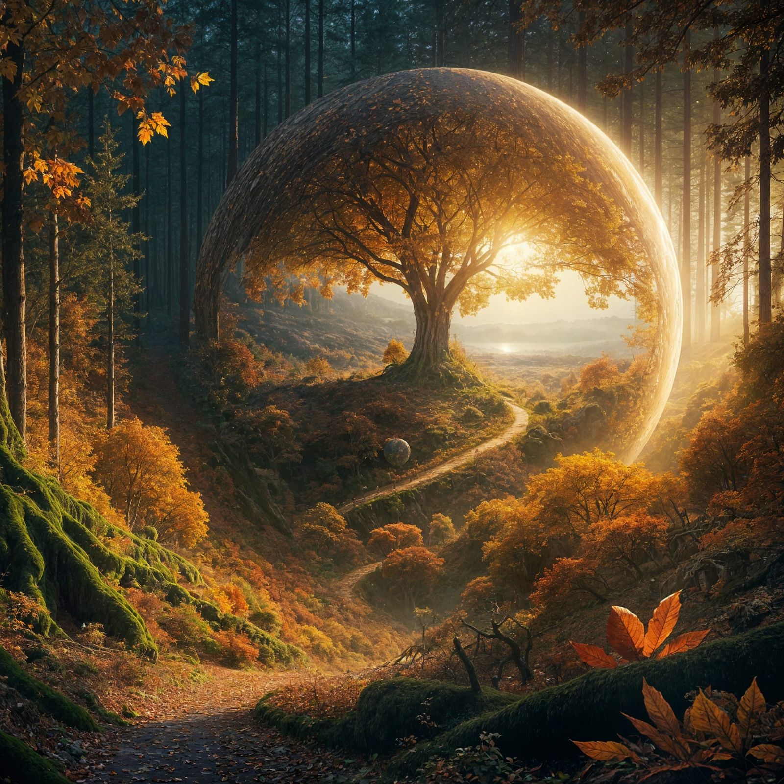 Mystical Autumn Landscape with Glowing Globe
