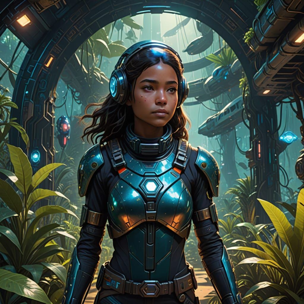 Girl Pilot in Alien Jungle, Digital Art