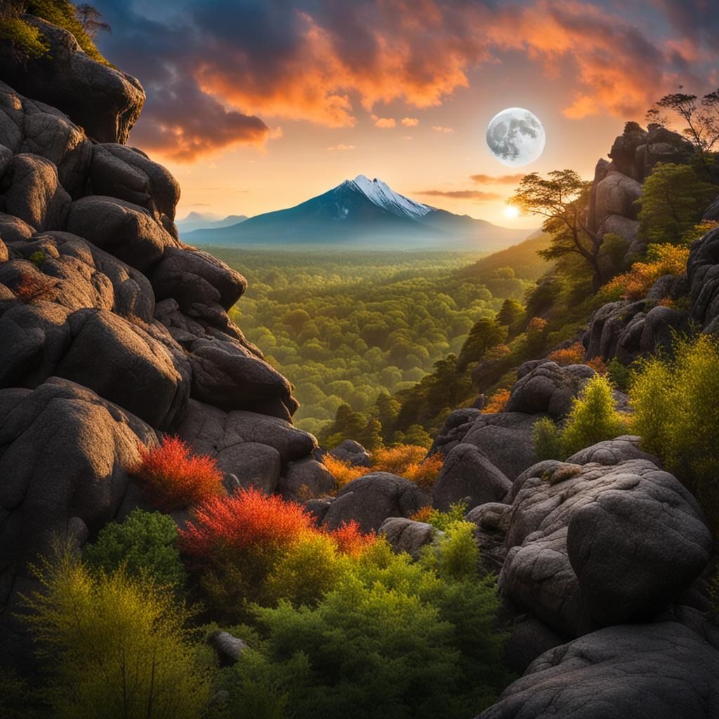 Lush Forest Landscape at Sunset with Rising Moon