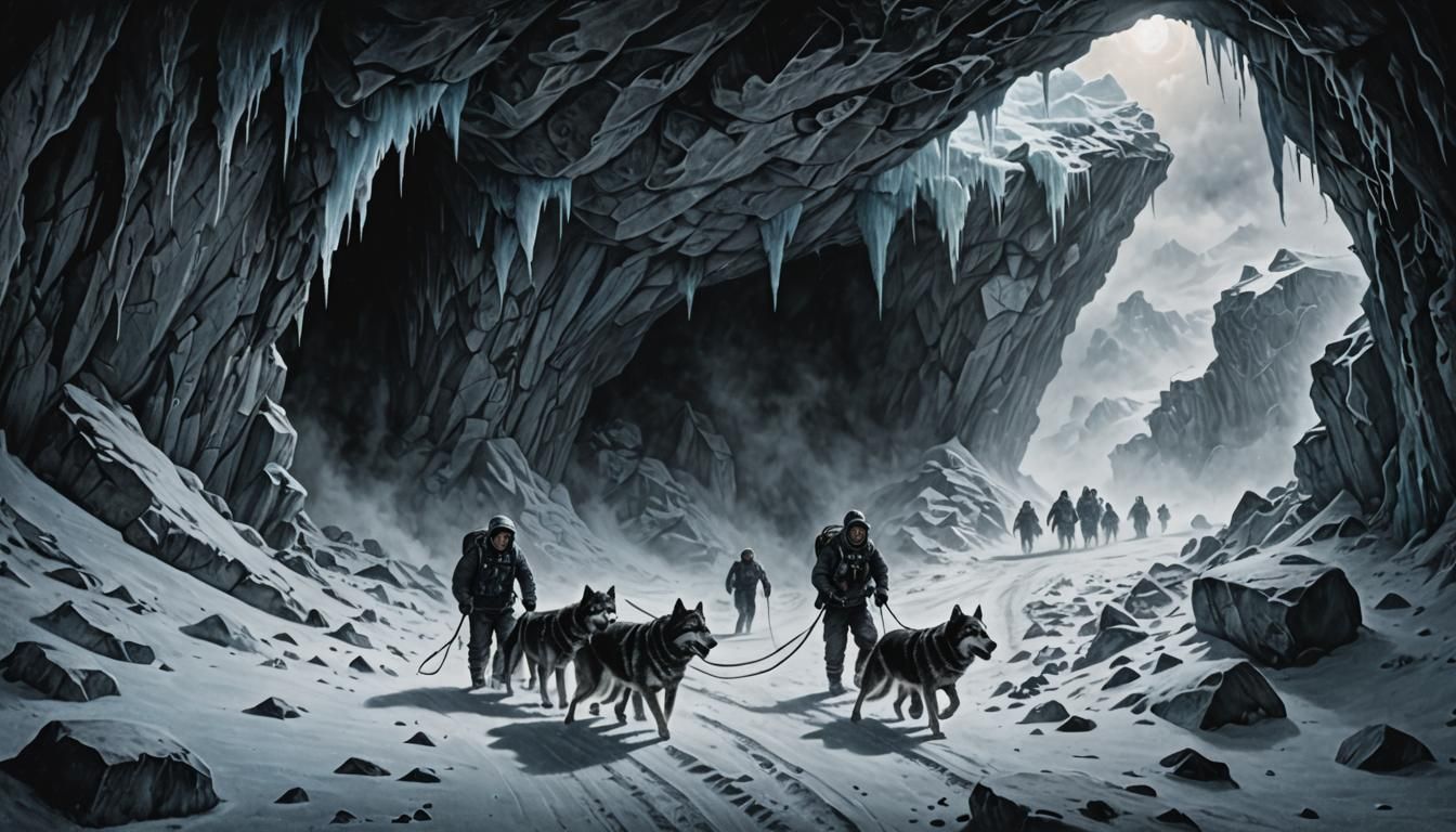 Eskimos Enter Antarctic Cave: Charcoal Drawing