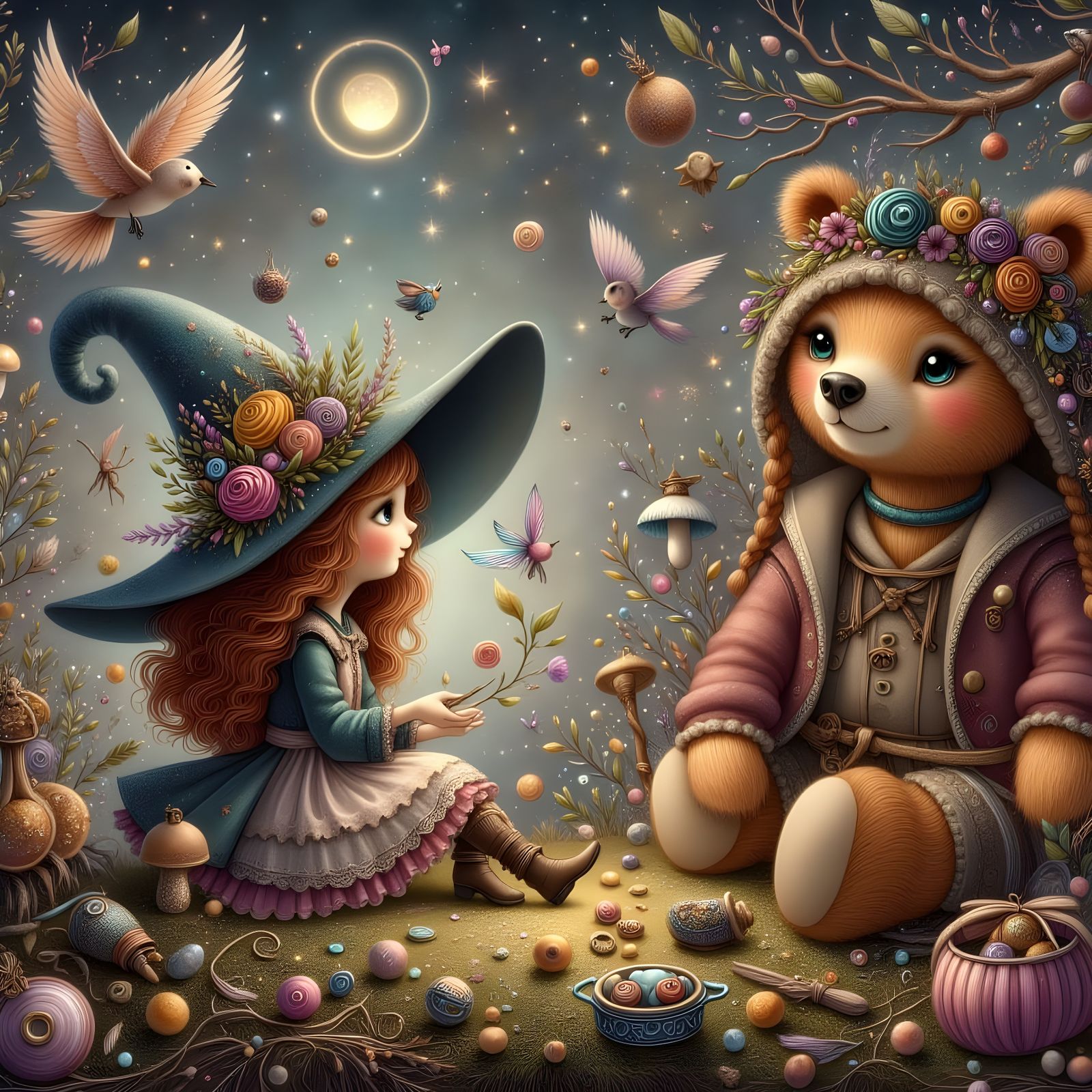 Girl Mending Plush Bear in Enchanted Forest Glade