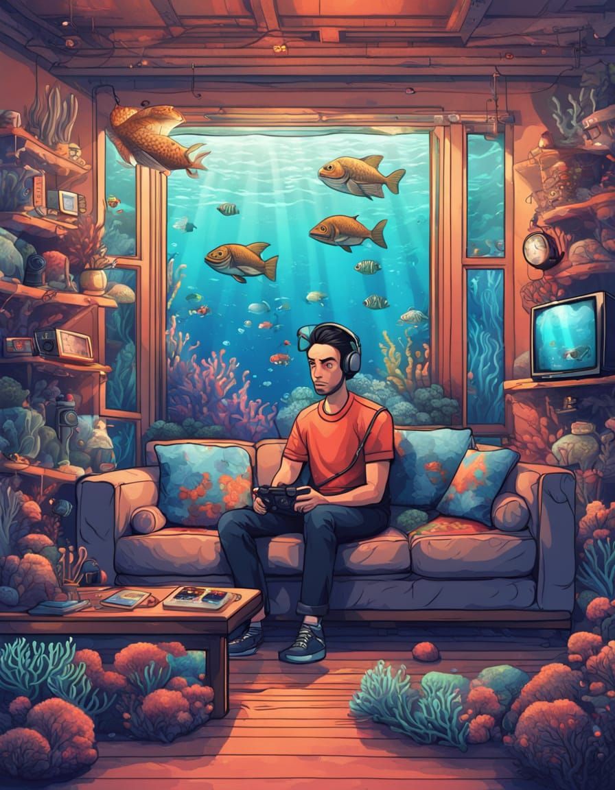 Underwater Gamer in Coral Reef Home as Digital Painting