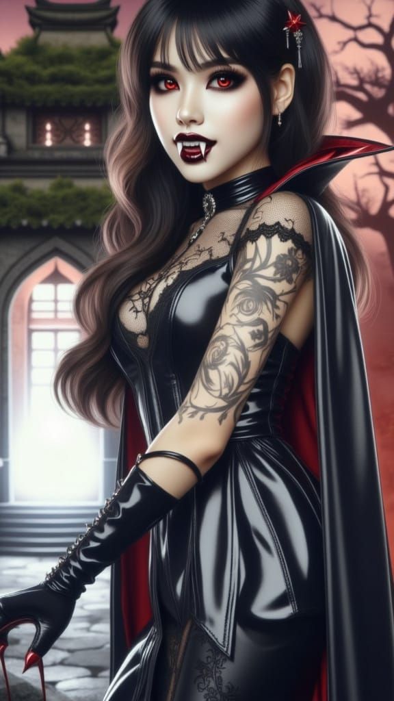 Hyperrealistic Vietnamese Vampire in Gothic Cyberpunk Style