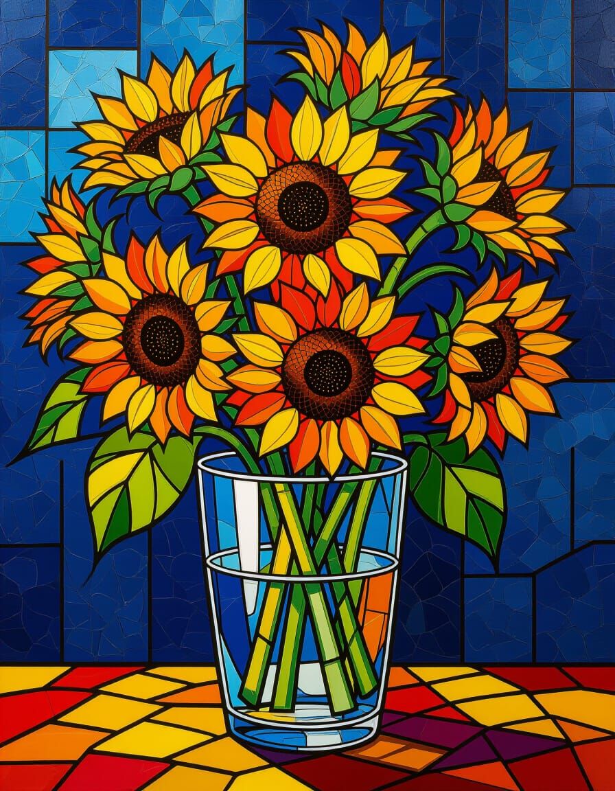 Sunflowers in Stained Glass: Surrealist Alcohol Glass Art