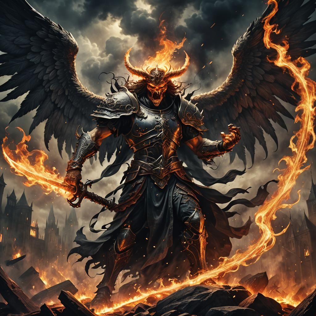 Angel Gabriel Battles Fire Demon in Hellish Landscape