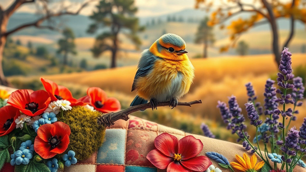 Embroidered Bird on Branch in Hyper-Realistic Detail