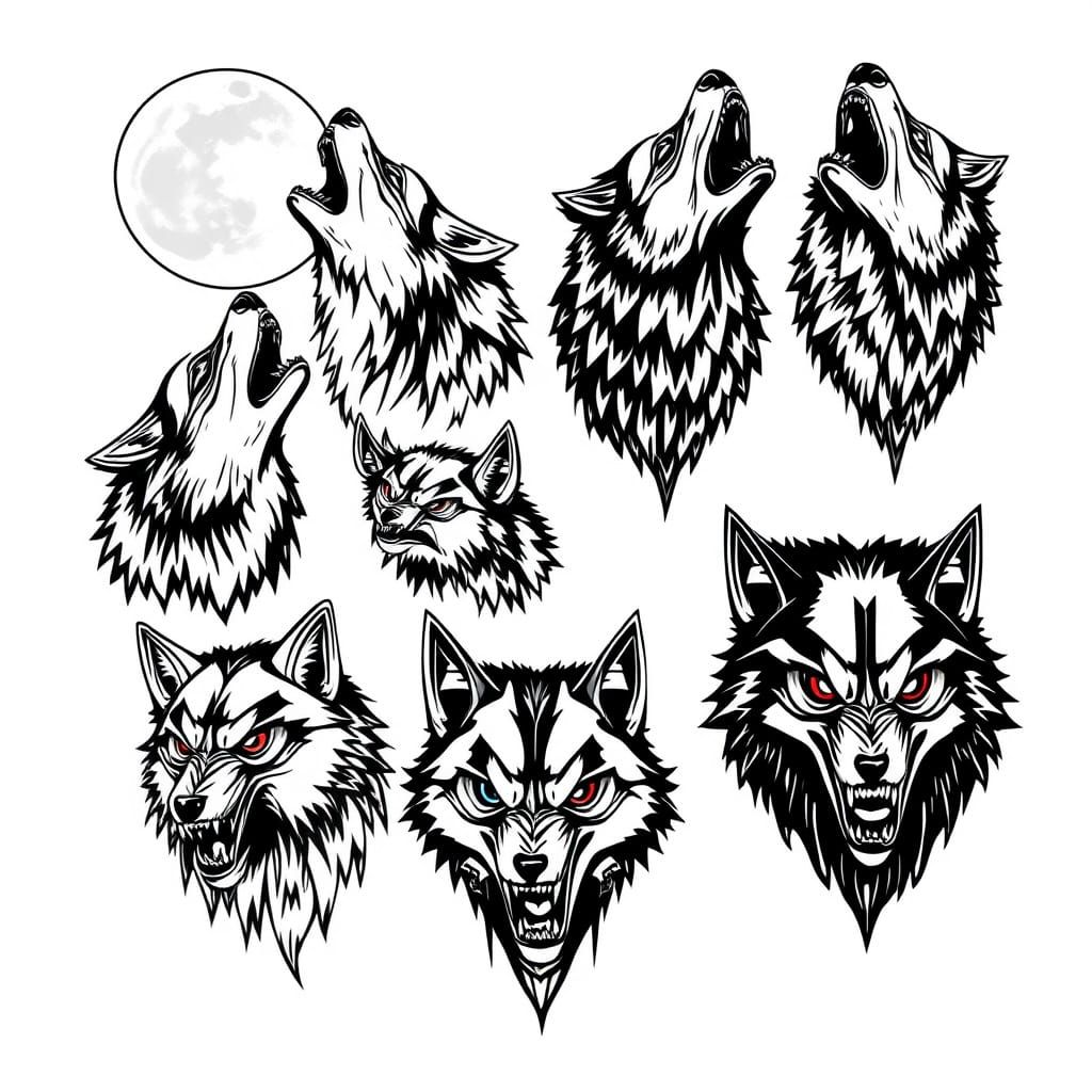 Cyber Wolf Flash Tattoo Sheet in Traditional Style