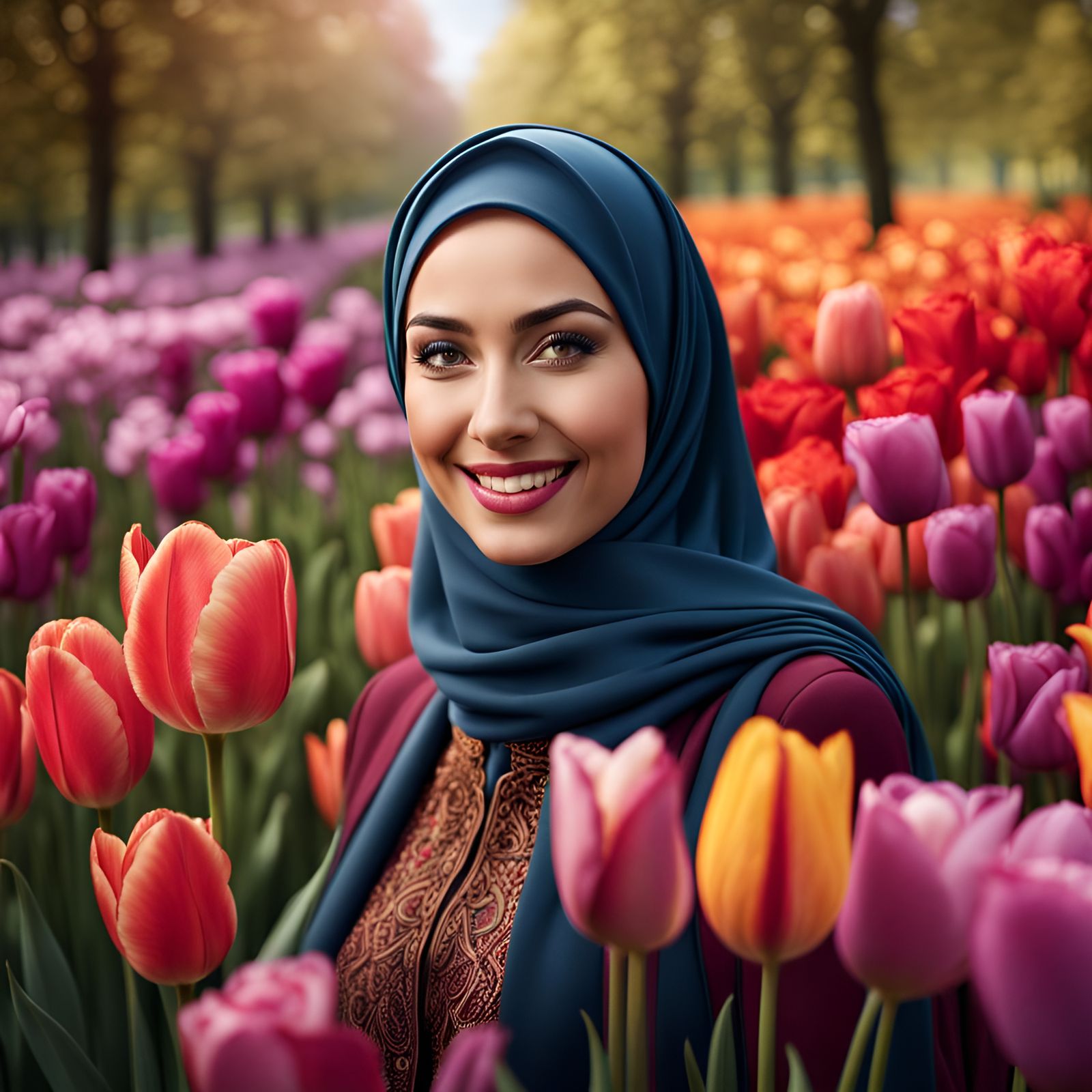 Beautiful Hijabi Woman Portrait with Tulips