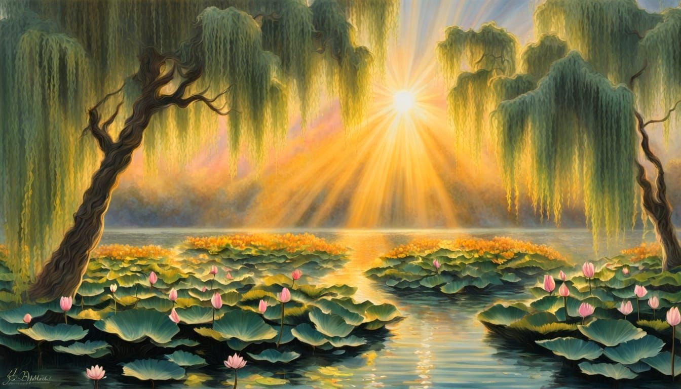 Crepuscular Rays Through Willows and Lotus Painting