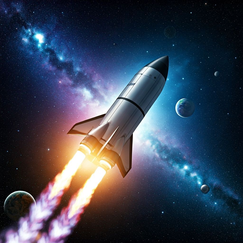 Rocket Blasts Off in Retro-Futuristic Celestial Art