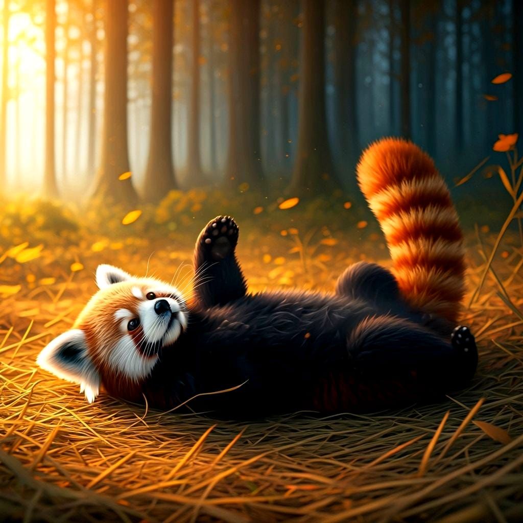 Happy Red Panda in Autumn Field, Ready for Belly Rubs